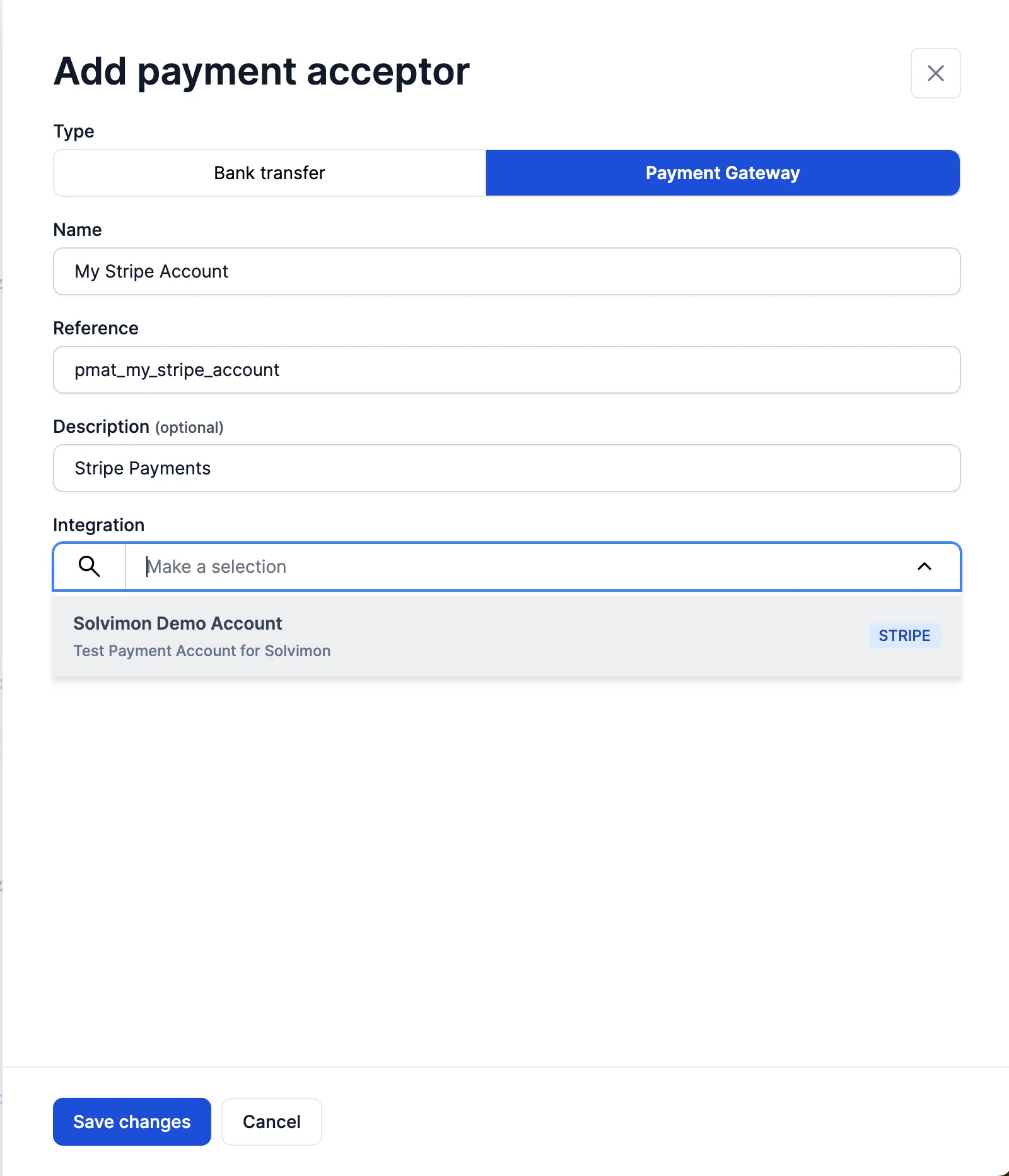 Stripe account selected in the integration dropdown