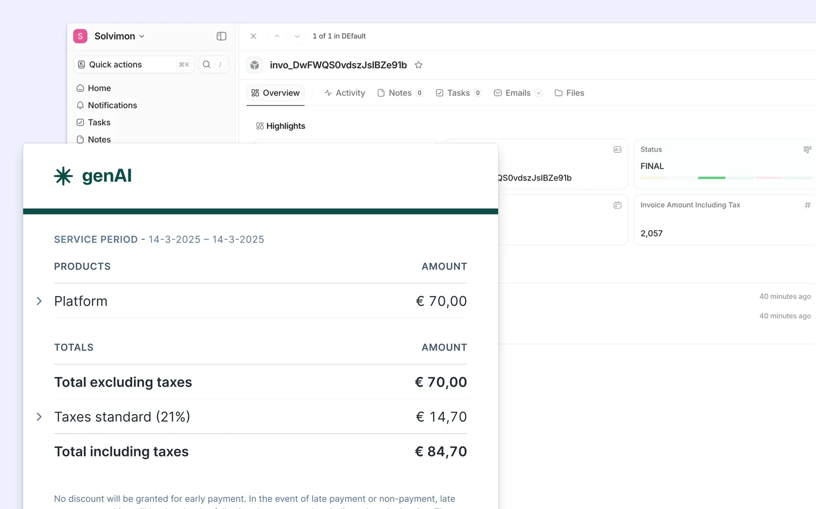 Invoice and subscription data displayed in Attio with Solvimon overlay