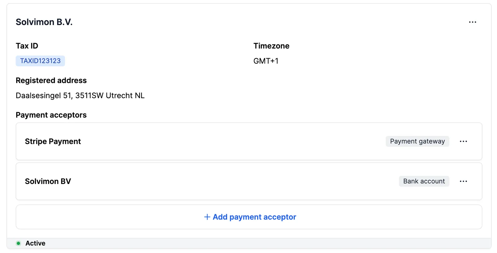 Payment acceptors on a billing entity