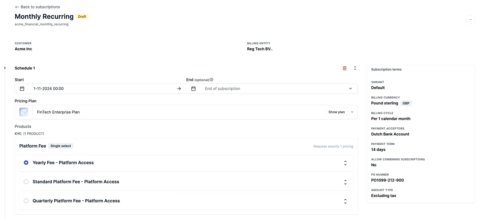 Subscription schedules on a subscription