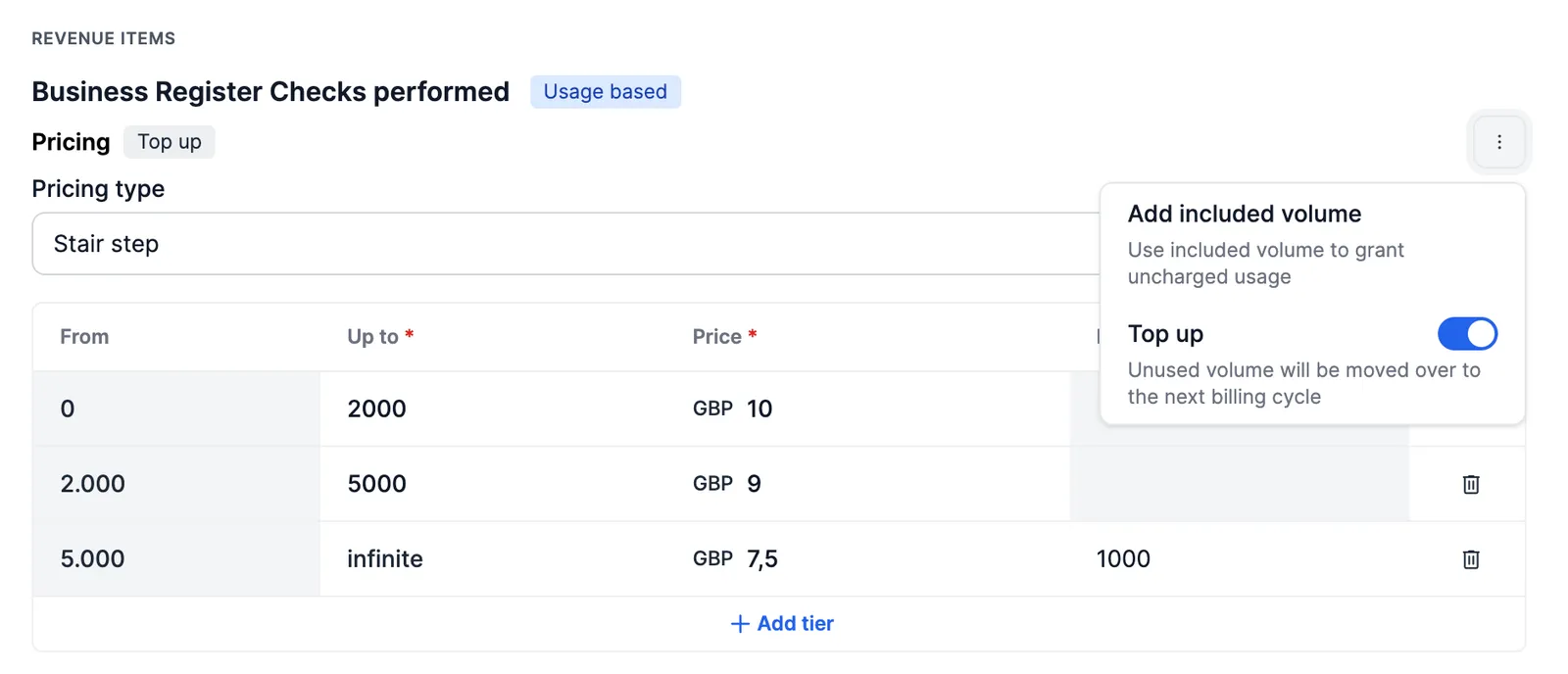Top-up pricing type on stair-step pricing