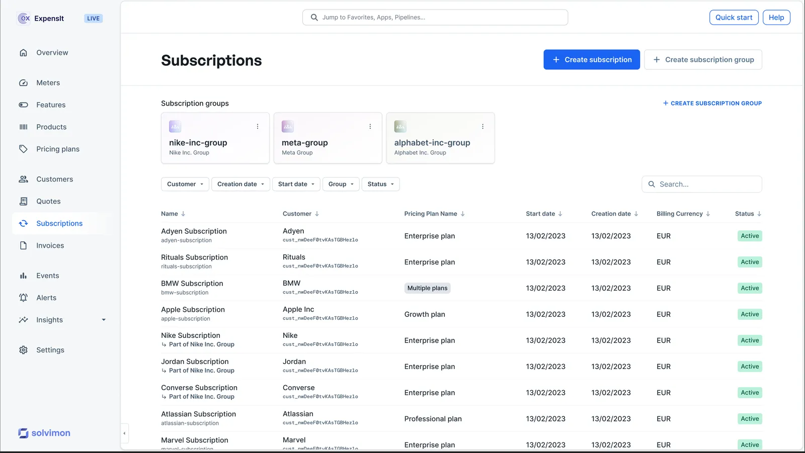 View subscription groups on the Subscriptions overview page