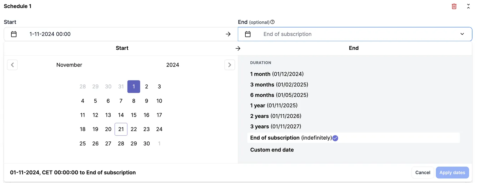 Creating a subscription schedule